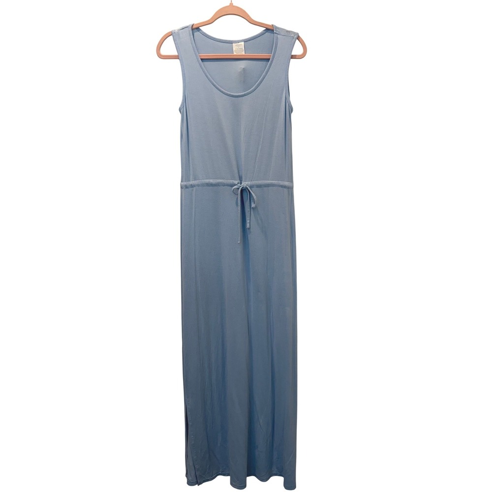 Serra Maxi Dress Womens Small Blue Sleeveless Drawstring Waist Side Slit Jersey